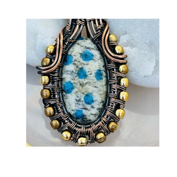 K-2 Agate Stone Wire Wrapped Copper Pendant - Picture 2 of 5